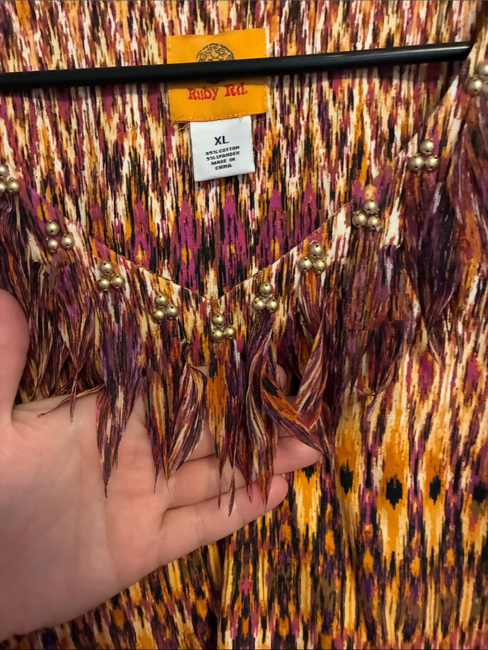 Ruby Rd. Ikat-Pattern V-Neck Tunic in Mustard & Burgundy - Picture 5 of 9